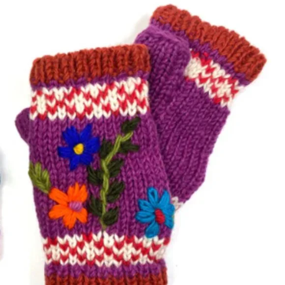 Handmade Embroidered Wool Fingerless Gloves – Made in Nepal - Picture 2 of 5